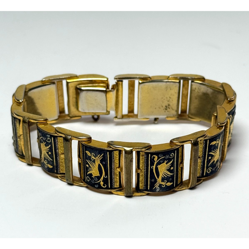 Vintage 7.5" Spanish Damascene Etched Bird Floral Black Gold Tone Panel Bracelet